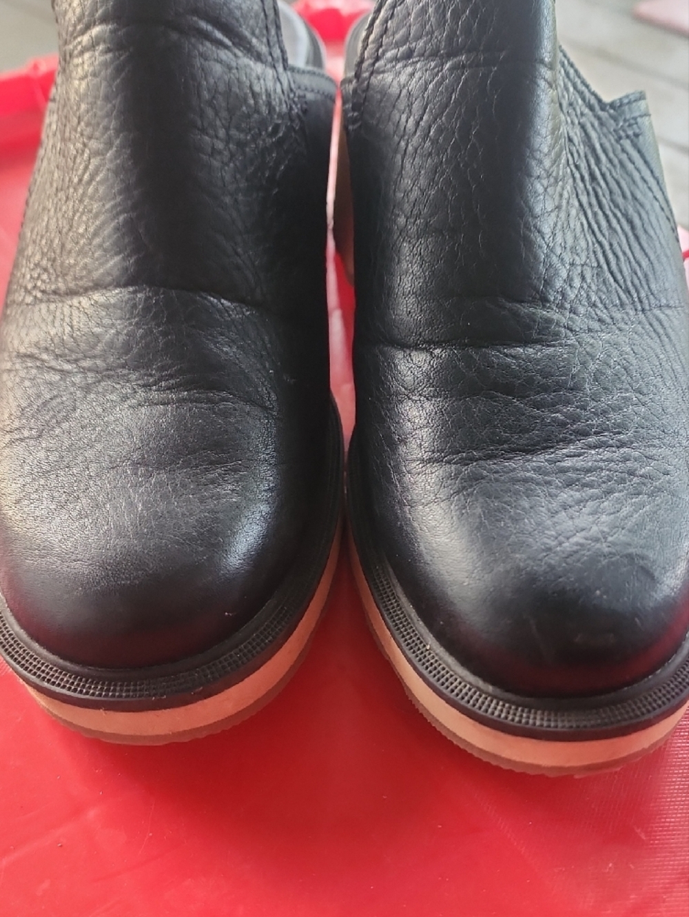 Black Sorel Leather Slip-On Mule with Tan Platform Heel - Picture 6 of 7